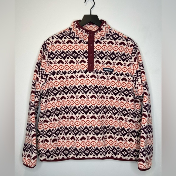 LANDS END Womens Fleece Pullover Sz L Petite Purple Orange Burgundy Snap Closure - Picture 1 of 16